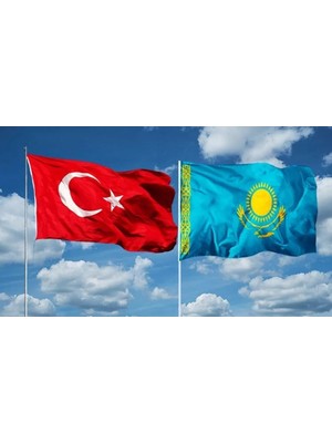Türk Bayrağı + Kazakistan Bayrağı Raşel Kumaş, Canlı Renkler, Gönder ve Balkon Tipi Bayrak 50X75CM