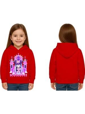 Sedirli Unisex Baskılı Çocuk Swaetshirt Kapüşonlu 3 Iplik Şardonlu Kuromi Baskılı