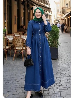 Kadın Beli Büzgülü Düğmeli Koyu Kot Mavi Elbise