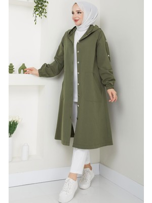 Tesettür Diyarı Torino Kumaş Düğmeli Kapüşonlu Trenç- Haki
