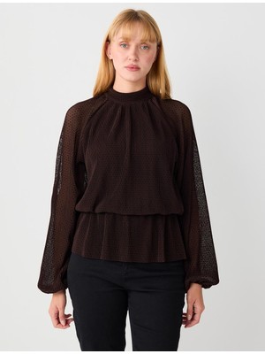 Jimmy Key Acı Kahve Rahat Kesim Dik Yaka Desenli Mesh Örme Bluz