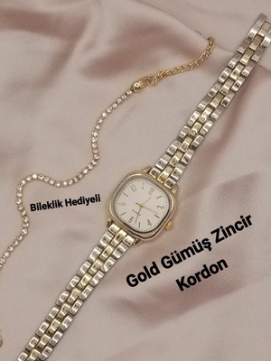 Trendy Son Moda Kadın Kol Saati Vintage Oval Gold Kasa- Gold-Gümüş Zincir Kordon TT0054