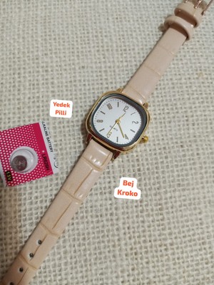 Trendy Son Moda Kadın Kol Saati Vintage Oval Gold Kasa- Bej Kroko Desenli Kordon TT0054