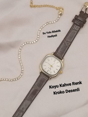 Trendy Son Moda Kadın Kol Saati Vintage Oval Gold Kasa- Koyu Kahve Kroko Desenli Kordon TT0054