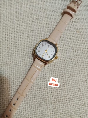 Trendy Son Moda Kadın Kol Saati Vintage Oval Gold Kasa- Bej Kroko Desenli Kordon TT0054
