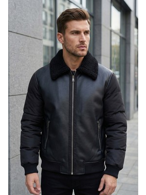 Movento Erkek Şişme Kol Detaylı Deri Mont