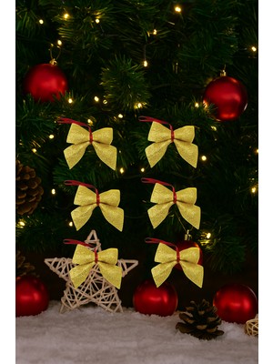Dodomar 6 cm Altın Simli Eva Fiyonk Kurdele – 6'lı Yılbaşı Ağaç ve Paket Süsleme Seti