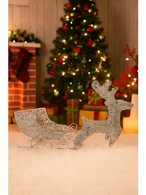 Dodomar Yılbaşı Işıklı Tel Geyik Kızaklı 40X20 cm Kendinden Pilli Gümüş LED Dekor