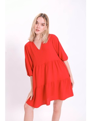 Vitrin V Yaka Balon Kol Geniş Kesim Elbise