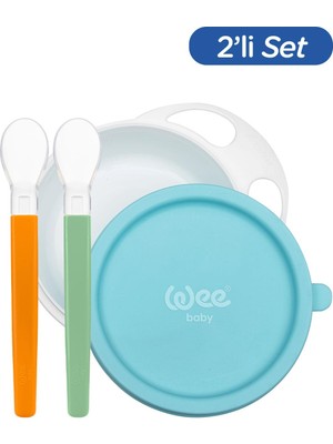 Wee Baby Çok Renkli Kapaklı Mama Tabağı ve 2'li Mama Kaşığı BPA İçermez ve Ergonomik Tasarıma Sahip