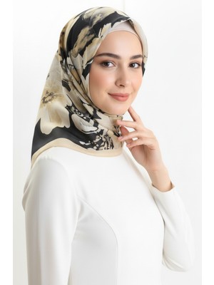 Desenli Kehribar Eşarp 70325-09 Siyah Açık Hardal