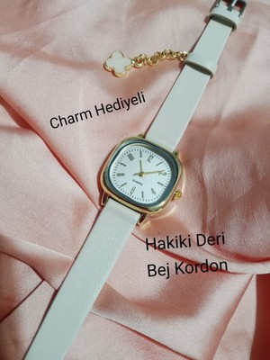 Trendy Son Moda Kadın Kol Saati Vintage Oval Gold Kasa- Hakiki Deri Bej Düz Kordon TT0054