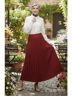 Beli Lastikli Piliseli Etek 0213-04 Bordo