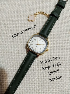 Trendy Son Moda Kadın Kol Saati Vintage Oval Gold Kasa- Hakiki Deri Koyu Yeşil Dikişli Kordon TT0054