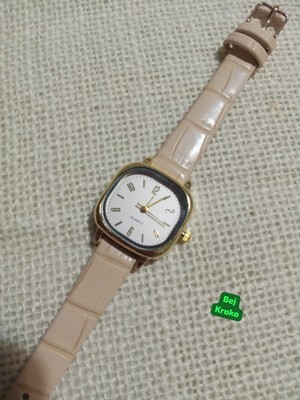 Trendy Son Moda Kadın Kol Saati Vintage Oval Gold Kasa-  Bej Kroko Desenli Kordon TT0054