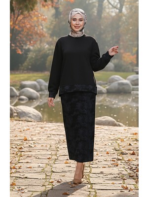 Oysho Kumaş Desenli Etekli Tesettür Takım 0218-05 Siyah