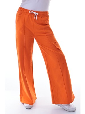 Kız Çocuk Turuncu Kargo Geniş Paça Eşofman Altı 5-14 Yaş Rahat Günlük Pantolon