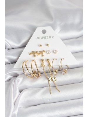 Mustran Pirinç Gold Renk 6 Çiftli Kadın Küpe Seti