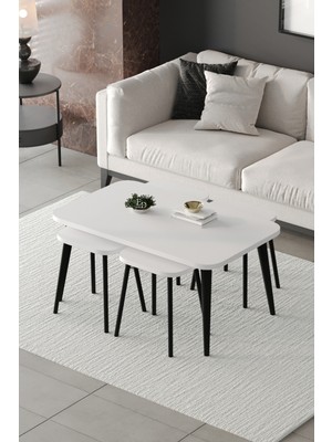 ED Efelez Design Zigon ve Orta Sehpa 5'li Takım , Metal Ayaklı , Roma 4+1 Sehpa , Siyah Metal - Beyaz Tabla