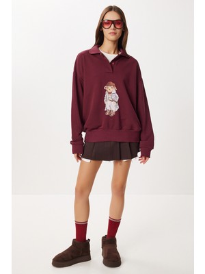 Happiness İstanbul Polo Yaka Ayıcık Baskılı Örme Sweasthirt LFN0137 Bordo