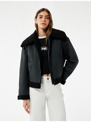 Koton Uzun Kollu Fermuarlı Peluş Yaka Cep Detaylı Su Itici Oversize Ceket