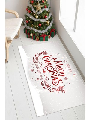 Pelura Halı Yeni Yıl Temalı Merry Christmas Yazılı Dijital Baskılı Yıkanabilir Kaymaz Halı