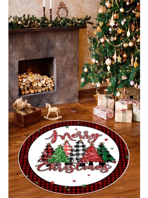Pelura Halı Yılbaşı Temalı Merry Christmas Dijital Baskılı Yıkanabilir Yuvarlak Halı