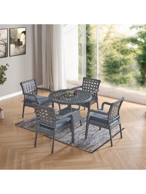 EVDEMO Ayaz 4 Kişilik Rattan Bahçe Balkon Mutfak Masa Takımı Gri