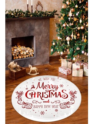 Pelura Halı Yeni Yıl Temalı Merry Christmas Yazılı Dijital Baskılı Yıkanabilir Kaymaz Yuvarlak Halı