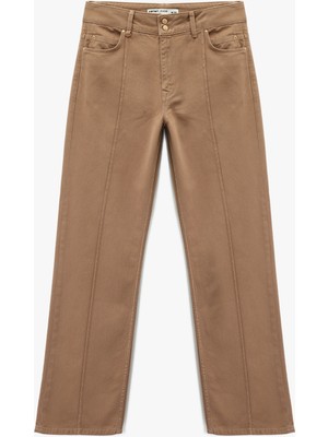 Koton Nervürlü Cepli Düğmeli Yüksek Bel Pamuklu Düz Paça Pantolon - Straight Fit Jean