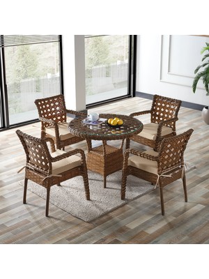 EVDEMO Ayaz 4 Kişilik Rattan Bahçe Balkon Mutfak Masa Takımı Kahve