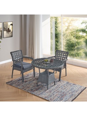 EVDEMO Ayaz 2 Kişilik Rattan Bahçe Balkon Mutfak Masa Takımı Gri