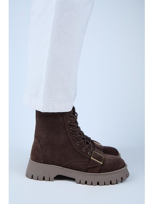 Manijero (Mihri) Kadın Hakiki Deri Bağcıklı Içten Fermuarlı Üstten Tokalı Kahve Bot