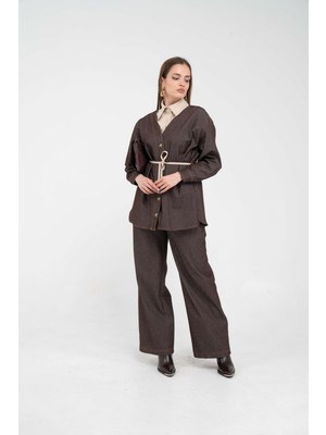 SASILVA Gömlek Yaka Dikiş Detaylı Kuşaklı Denim  Takım 9002