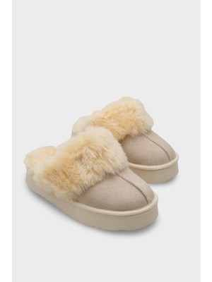 Capone Outfitters Kadın Terlik Süet Bej Tüylü Suni Deri 4 cm Düz Topuklu Konforlu