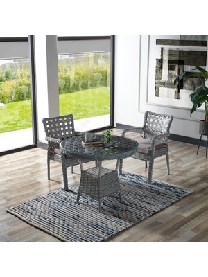 EVDEMO Ayaz 2 Kişilik Rattan Bahçe Balkon Mutfak Masa Takımı Açık Gri