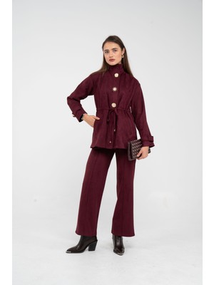 Sasilva Süet Dokulu Altın Düğmeli Kuşaklı Kadın Takım 1757