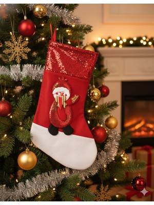 Dodomar 38 cm Pullu Kardan Adam Desenli Lüks Yılbaşı Çorabı – Büyük Boy Ağaç ve Ev Dekor Süsü