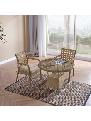 EVDEMO Ayaz 2 Kişilik Rattan Bahçe Balkon Mutfak Masa Takımı Cappuccino