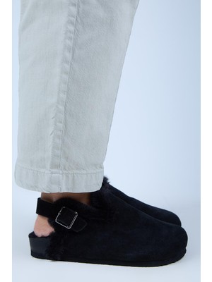 Manijero (Holly 2 Kürklü) Kadın Hakiki Deri Kemerli Tokalı Sabo Siyah Sandalet