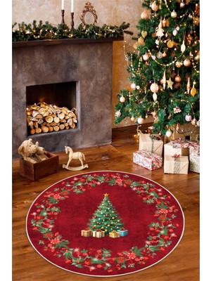 Pelura Halı Yılbaşı Çam Ağacı Desenli Dijital Baskılı Yıkanabilir Kaymaz Taban Yuvarlak Halı