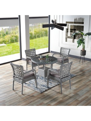 EVDEMO Ayaz 4 Kişilik Rattan Bahçe Balkon Mutfak Masa Takımı Açık Gri