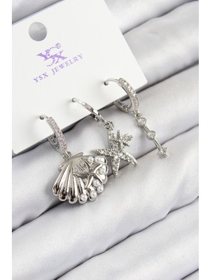 Mustran Pirinç Zirkon Taşlı 3'lü Yıldız Ve İstiridye Model Gümüş Renk Kadın Küpe