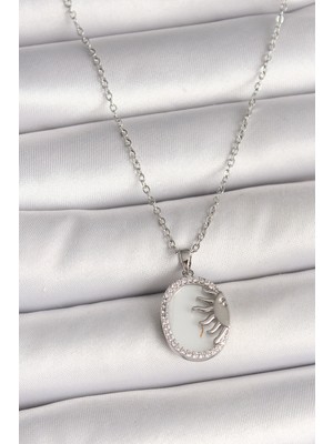 Mustran 316L Çelik Gümüş Renk Zincir Beyaz Mineli Gün Batımı Model Zirkon Taş Detaylı Kadın Kolye