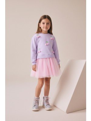 Kiraz Detaylı Tüllü Kız Çocuk Elbise