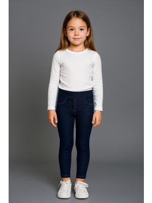 Merlot Lacivert Kot Görünümlü Dikiş Detaylı Kız Çocuk Örme Tayt Normal Bel Konforlu Kullanım