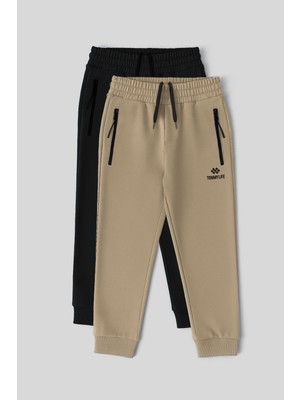 Standart Fit Basic 2li Paket Siyah-Koyu Bej Erkek Çocuk Eşofman Alt - 64042