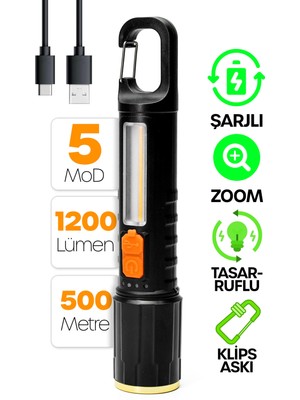 Telvesse Şarjlı El Feneri 5 Mod Karabina Askılı Cob LED Kamp Lambası Acil Durum Işığı 7149