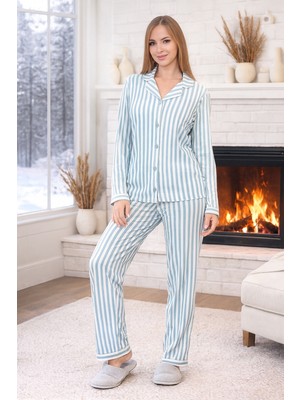 Remsa Kadın Çizgili Desen Önü Düğmeli Suprem Pijama Takımı 0490 YEŞIL01