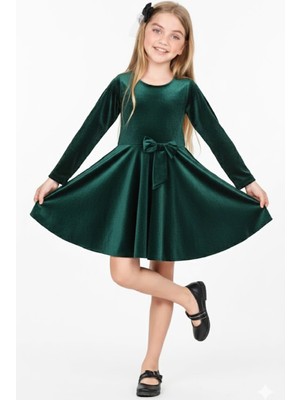 Modanino Kız Çocuk Kadife Elbise-Içi Tüllü ve Fiyonk Süslemeli 7-12 Yaş 12427